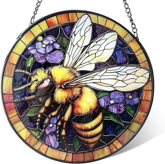 Handcrafted Bee Stained Glass Suncatcher - 7.8 Inch Window Hanging for Home, Kitchen, Porch, Terrace, Garden & Farmhouse - Perfect Mother's Day, Easter & Birthday Gift for Mom & Teachers