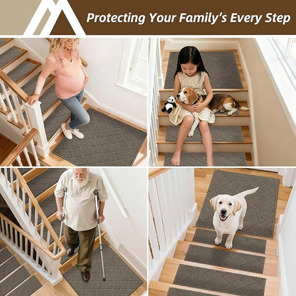 COSY HOMEER Stair Landing Rugs Non-Slip Corner Indoor Edging Stair Treads for Wooden Steps,Washable Soft Stair Landing Mat for Kids,Elder and Dogs,Polyester,TPE Backing,Light Brown,30x30inch