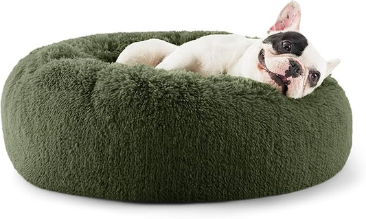 Bedsure Calming Dog Bed for Small Dogs - Donut Washable Small Puppy Bed, 23 inches Anti-Slip Round Fluffy Plush Faux Fur Large Cat Bed, Fits up to 25 lbs Pets, Rifle Green