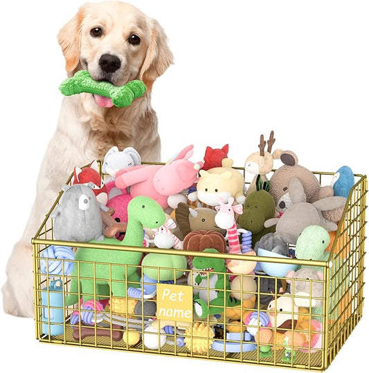 Indestructible Dog Toy basket, Large Toy Bin for Dogs,Pet Toy Bin Dog Metal Basket Organizer Storage for Toys Food Storage (Gold)