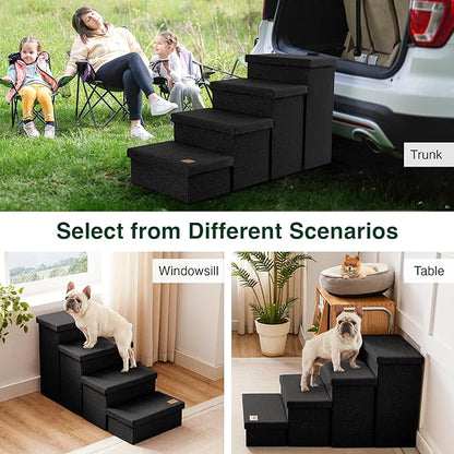 Love's cabin Dog Stairs for Small Medium or Large Dogs with Storage and Adjustable Steps, Foldable Cat Steps for Bed or Couch, 4-Step Black Folding Ramp with Zip up to 200 lbs, Black