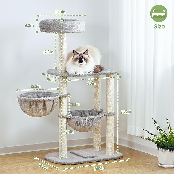 Small Cat Tree Tower with Lots of Scratching Posts - 42 Inch Medium Compact Cats Scratch House with Hammock Perch for Multi Level 2 Kitty - Indoor Corner Cat Bed Condo Climbing Gym Towers Furniture