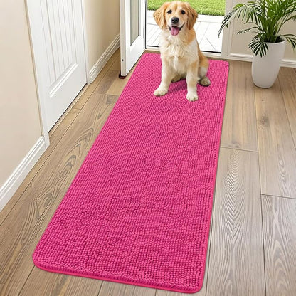 Smiry Dog Door Mat for Muddy Paws 70x24, Absorbs Moisture and Dirt Doormat, Non-Slip Washable Quick Dry Chenille Front Door Mat Indoor Entrance, Entryway Carpet for Inside Floor, Hot Pink
