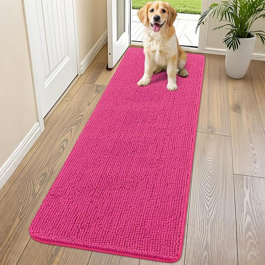 Smiry Dog Door Mat for Muddy Paws 70x24, Absorbs Moisture and Dirt Doormat, Non-Slip Washable Quick Dry Chenille Front Door Mat Indoor Entrance, Entryway Carpet for Inside Floor, Hot Pink