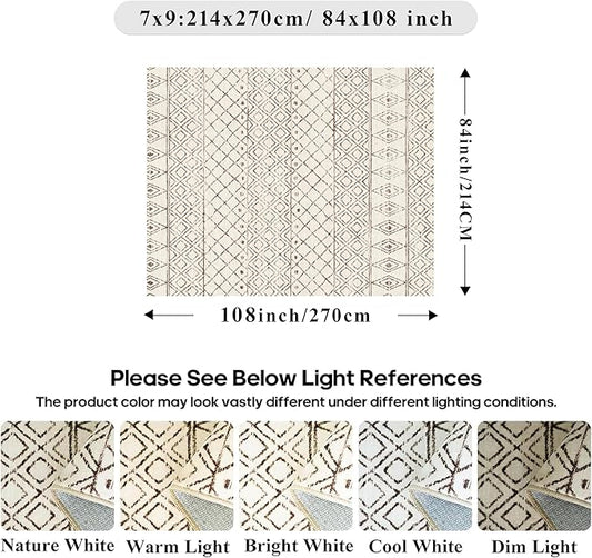 7x9 Area Rug for Living Room - Washable Rugs Moroccan Non-Slip Pet Friendly Stain Resistant Carpets for Bedroom Soft Low Pile Rug 7x9 Geo Beige