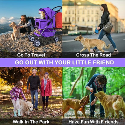4 Wheels Dog Stroller, Foldable Pet Stroller for Small Medium Dogs, Portable Breathable Cat Stroller Dog Strollers with Storage Basket, Cup Holders, Removable Liner for Travel & Outdoor Use, Purple