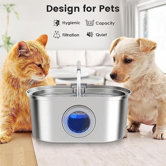 Stainless Steel Cat Water Fountain, 108oz/3.2L Automatic Pet Water Dispenser with Water Level Window, Quiet Pump, Multi-Stage Filtration for Cats and Dogs