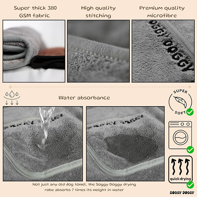 SOGGYDOGGY® US: Luxury Dog Bathrobe, Super Absorbent Microfiber Dog Bath Supplies, Fast Dry in Minutes, Thick & Soft Robe - Pet Grooming, Wash & Pet Hair Dryer - All-Season Dressing Gown (XL)