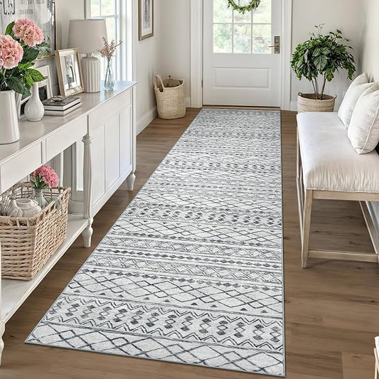 KUTA Boho Runners for Hallways 2.6x10 ft Moroccan Washable Runner Rug Non-Slip Vintage Grey Kitchen Rugs Ultra Soft Distressed Geometric Floor Carpet for Bedroom Laundry Living Room