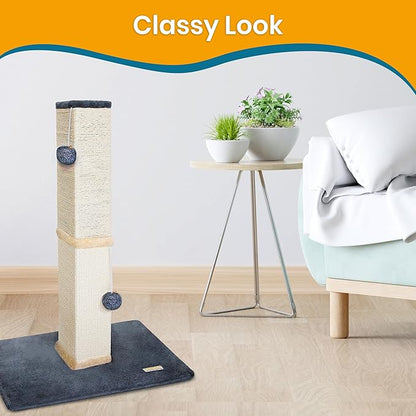Pawbee 32" Cat Scratching Post Tower with Jingle Bells and Plush Balls, Sisal Tower with Larger Base for Better Stability, Beige