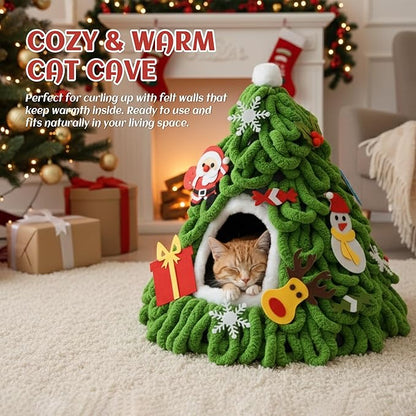 PETKARAY Cat Cave Bed for Indoor Cats, Pre-Assembled Cozy Felt Cat House with Plush Cushion, Christmas Tree–Inspired Design