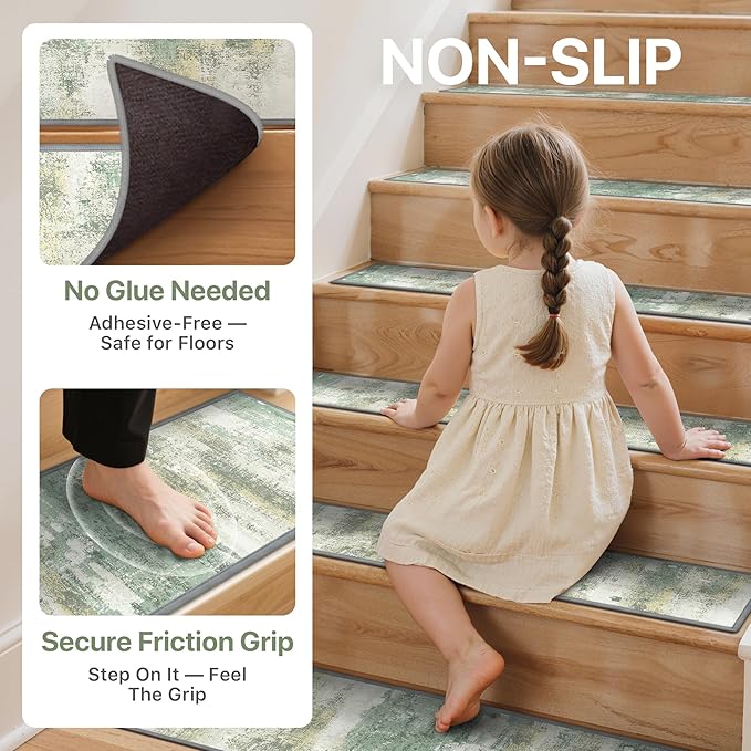 Carpet Stair Treads Non Slip 15PCS, 8" X 30" Edging Stair Runner for Wooden Steps Indoor, Resistant Stair Rugs with Reusable TPE Adhesive Backing, Residue Mat for Elders, Pets, Moss/Ivory
