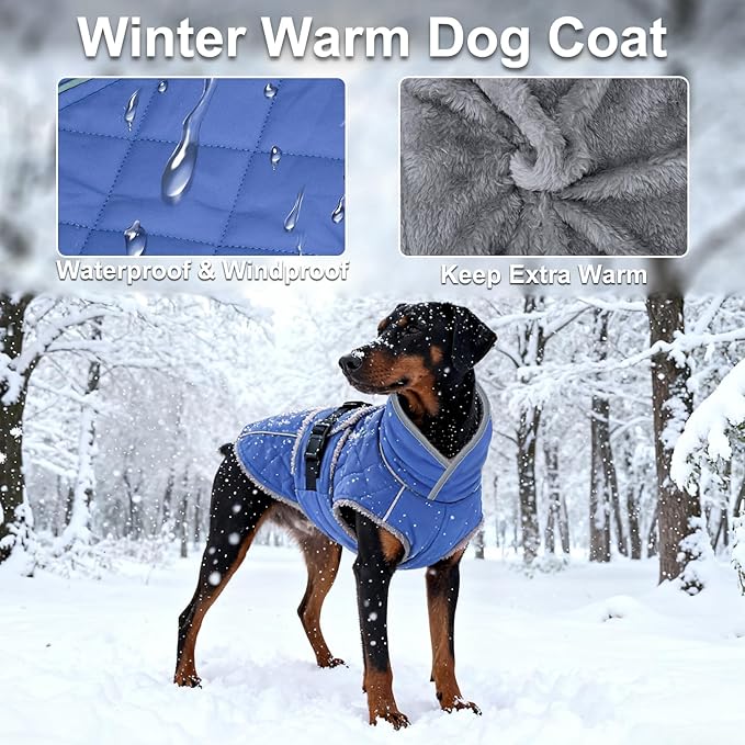 Dog Coat, Warm Dog Winter Coat for Medium Dogs, Waterproof Jacket with Adjustable Buckle & Velcro, Reflective Turtleneck Cold Weather Coats, Pet Fleece Vest Snow Jacket (Blue, XXXL)