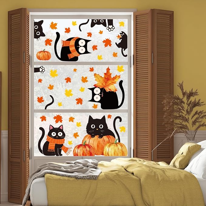 Whaline 6 Sheets Fall Window Clings Cute Black Cat Pumpkin Maple Leaf Reusable Window Decals for Autumn Harvest Thanksgiving Party Supplies Home Classroom Office Decor