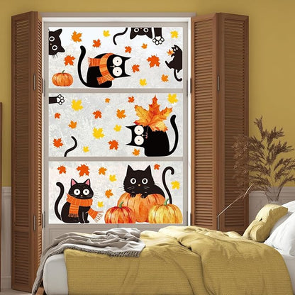 Whaline 6 Sheets Fall Window Clings Cute Black Cat Pumpkin Maple Leaf Reusable Window Decals for Autumn Harvest Thanksgiving Party Supplies Home Classroom Office Decor