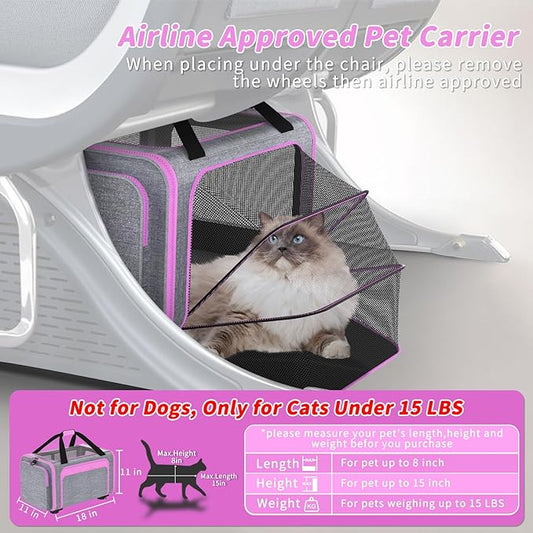 Rolling Pet Carrier with Detachable Wheels - 18x11x11 TSA Airline Approved for Southwest Delta United American, Soft Sided Expandable Travel Bag for Small Dogs & Cats up to 15Lbs, Fits Under Seat