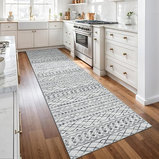 KUTA Boho Runners for Hallways 2.6x10 ft Moroccan Washable Runner Rug Non-Slip Vintage Grey Kitchen Rugs Ultra Soft Distressed Geometric Floor Carpet for Bedroom Laundry Living Room