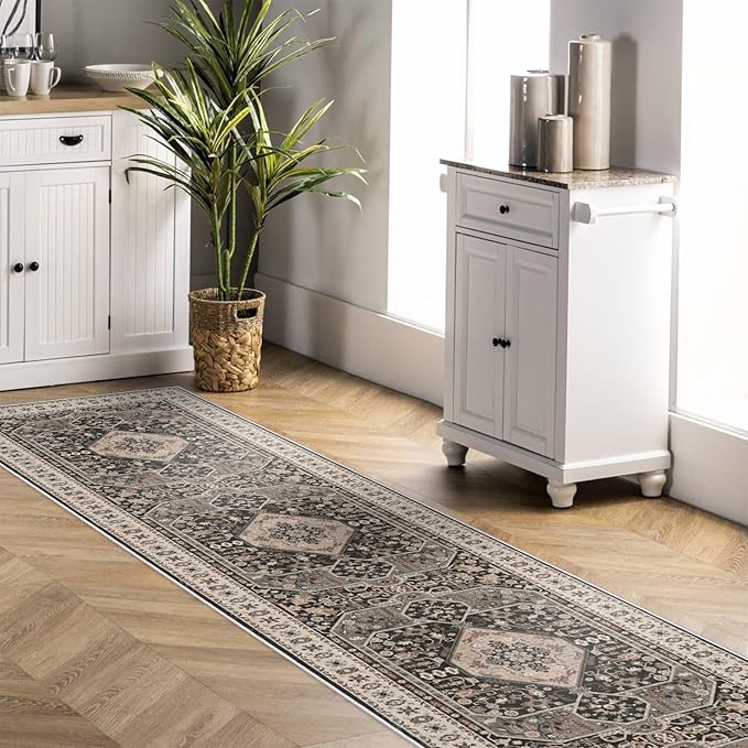 2'6x12 Hallway Washable Runner Rug - Vintage Kitchen Rugs with Non Slip Backing Stain Resistant Carpets for Living Room Bedroom Soft Distressed Floor Home Decor Mat for Bathroom (2'6''x12', Black)
