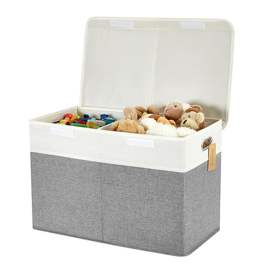 Large Toy Storage Box with Lid, Collapsible Toys Storage Organizer Bins with Dividers and Handles, Storage Chest Bin for Kids, Boys, Girls, Nursery 25"x13" x16" (Gray & White)