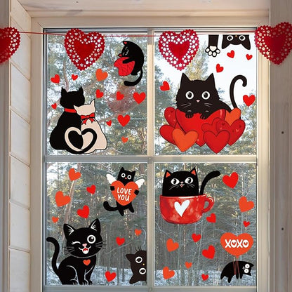 Whaline 6 Sheets Valentine' s Day Window Clings Window Decal Black Cat Red Love Heart Reusable Anti-Collision Windows Decor for Wedding Anniversary Home Party Supplies