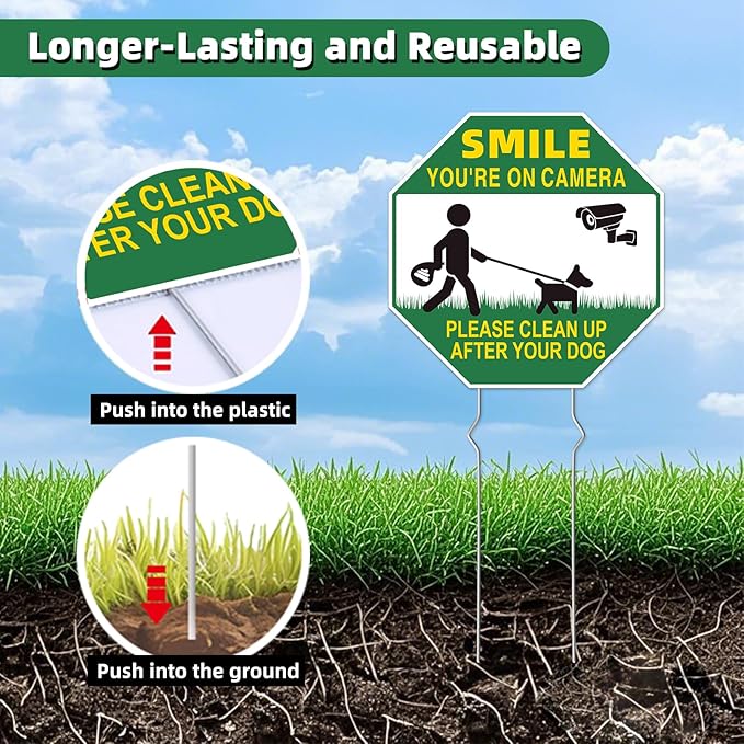 Clean UP After Your Dog Signs, 4-Pack 10"x10" Double-Sided Metal Stakes Smile Your on Camera Signs, Pick Up After Your Dog Sign for Yard