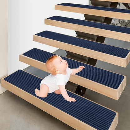 Stair Treads for Wooden Steps - Non Slip Stairs Carpet Tape Peel and Stick with Double Adhesive Tape Set of 15 Stripe- Dark Blue