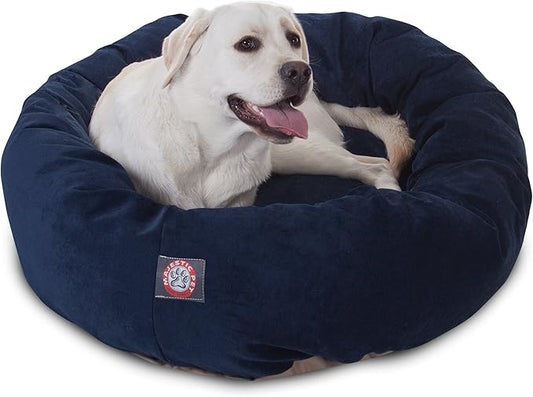 Majestic Pet 40 Inch Micro Velvet Calming Dog Bed Washable – Cozy Soft Round Dog Bed with Spine for Head Support - Fluffy Donut Puppy Mat 40x29x9 (inch) Large – Navy (2025)
