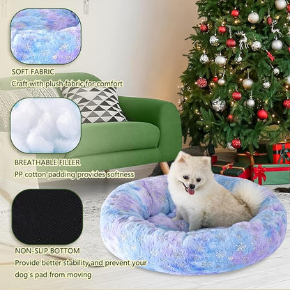 23 Inch Christmas Snowflakes Calming Dog Bed for Small Dogs Cats, Kitty Puppy Round Anti-Anxiety Warm Bed, Soft Cozy Anti-Slip Donut Washable Pet Bed, Fits up to 30 lbs Pets