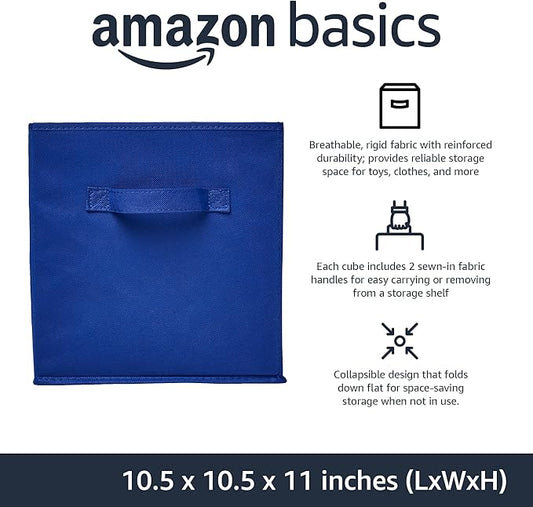 Amazon Basics Collapsible Fabric Storage Bins with Handles, Cube Organizer for Home Organization, 10.5"x10.5"x11", Navy, 6-Pack