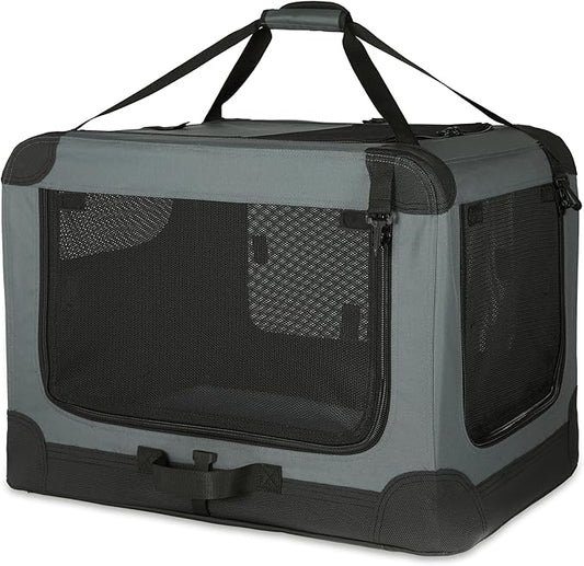 Amazon Basics Portable Folding Soft Dog Crate, 4-Doors, Collapsible Travel Kennel for Cat, Dog, and Small Animals, Quick Setup, Small 26" x 18" x 18", Grey