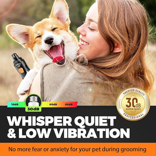 Whisper Quiet Dog Nail Grinder with 4 LED Lights, Safe & Stress-Free for Sensitive Dogs of All Breeds & Sizes, 3 Grinding Bits, 3-Speed, Pet Nail Trimmers, Rechargeable Painless Grooming Kit White