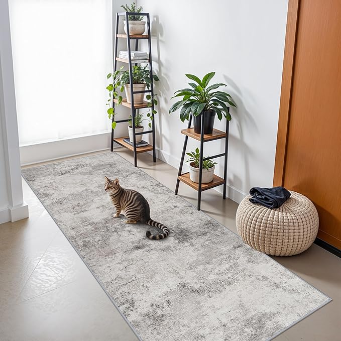 3x8 Runner Rug for Hallway - Washable Abstract Runners Non Slip Kitchen Rugs Low Pile Soft Indoor Floor Carpet Front Door for Bedroom Entryway Laundry 3x8 Grey