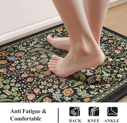 Collive Kitchen Floor Mat Cushioned Anti Fatigue, Boho Floral Desk Mats Non Skid Waterproof Kitchen Sink Rugs Sets of 2, Memory Foam Comfort Standing Carpet for Office, 20" x 47" + 20" x 32", Black
