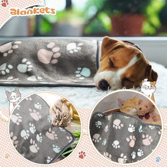Tatuo 4 Pcs Dog Blanket for Pet Cat Blankets Indoor Puppy Teething Stuff Toys Paw Print Fleece Soft Blanket Sleep Mat for Guinea Pig Cage(Dark Gray,X-Large(41 x 30 Inch),Square)