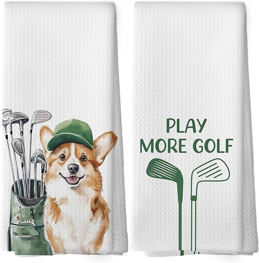 Golf Dog Kitchen Towels - Corgi Dish Towels, Sports Gifts, Pet Golf Club Decorative Absorbent Dishcloths Hand Towels Set of 2 for Spa Kitchen Gym Decor 16x24 Inches