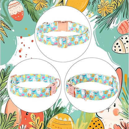 Easter Dog Collar, Cute Egg Hunt Easter Collars for Small Dogs, Playful Bunny & Chick Print, Adjustable Heavy Duty Boy Girl Spring Holiday Dog Collar with Metal Buckle S