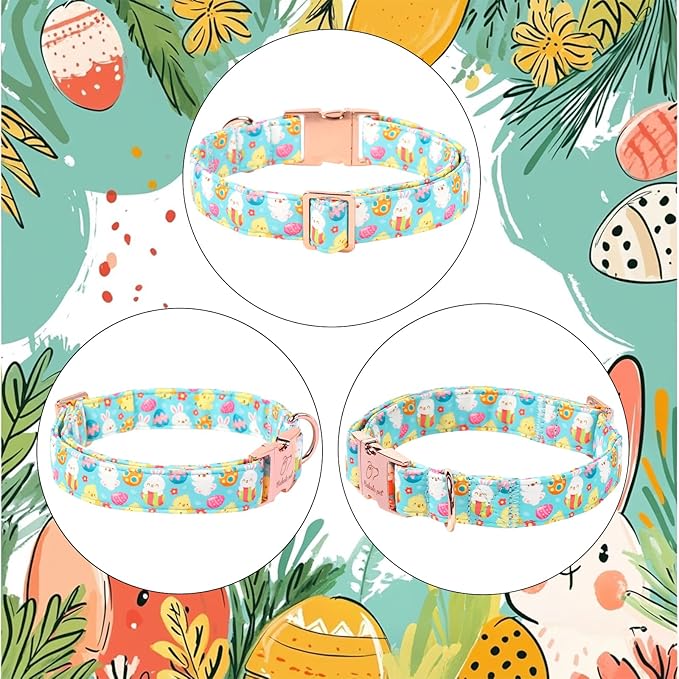Easter Dog Collar, Cute Egg Hunt Easter Collars for Large Dogs, Playful Bunny & Chick Print, Adjustable Heavy Duty Boy Girl Spring Holiday Dog Collar with Metal Buckle L