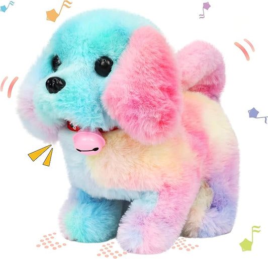 Hopearl Walking Dog with Bell Interactive Electronic Pet Plush Toy Puppy Woof and Moving Animated Nodding Head Gifts for Toddlers Birthday, Rainbow, 7''