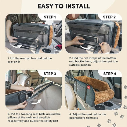 BurgeonNest Center Console Small Dog Car Seat - Portable Pet Cat Puppy Booster Armrest Carseat Up to 11lbs, Anti-Collapse Comfort Car Travel with Washable Fluffy Cushion and Pillow, Brown
