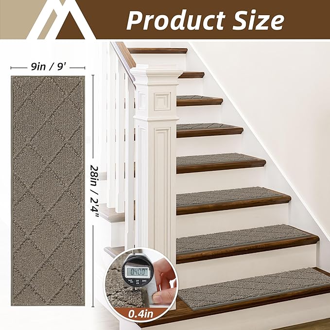 COSY HOMEER Stair Treads for Wooden Steps 9"x28" Washable Indoor Carpet Stair Treads Non Slip Soft Polyester Stair Carpet Tread Reusable Stair Runner Rugs for Kids, Elders,Pets,Light Brown,4pcs
