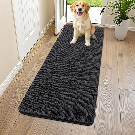 Smiry Dog Door Mat for Muddy Paws 59x20, Absorbs Moisture and Dirt Doormat, Non-Slip Washable Quick Dry Chenille Front Door Mat Indoor Entrance, Entryway Carpet for Inside Floor, Black