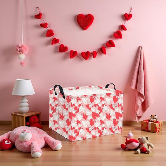 HIYAGON Rectangular Valentines Basket Fabric Storage Bin Storage Boxes Collapsible Storage Basket for Clothes Books Shelves Basket(Pink White Heart)
