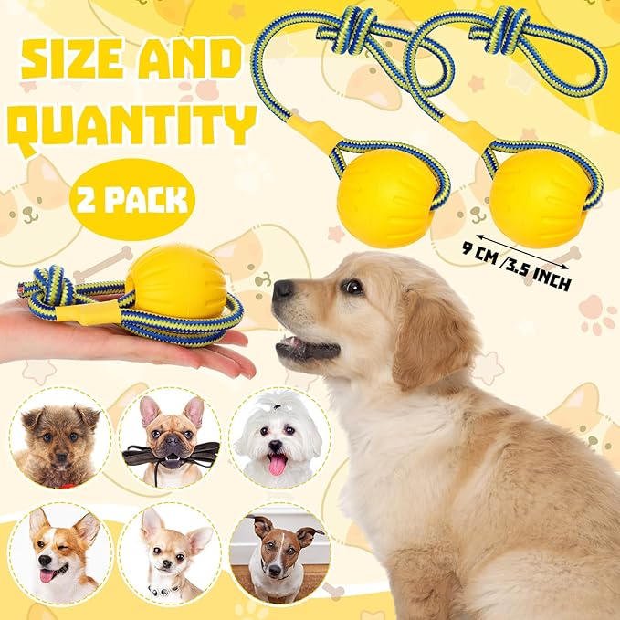 Hsei 2 Pcs Large Dog Ball on a Rope Rubber Dog Toy with Handle Ball Yellow Floats in Water for Tug Training Rewards Interactive Pet Fetch Catch Throw Outdoor Puppy Teething Medium Pet