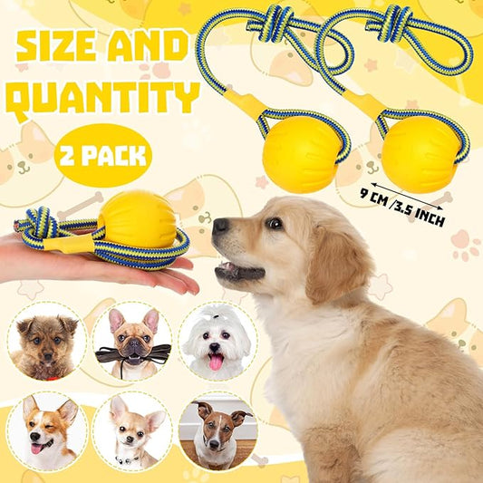 Hsei 2 Pcs Large Dog Ball on a Rope Rubber Dog Toy with Handle Ball Yellow Floats in Water for Tug Training Rewards Interactive Pet Fetch Catch Throw Outdoor Puppy Teething Medium Pet