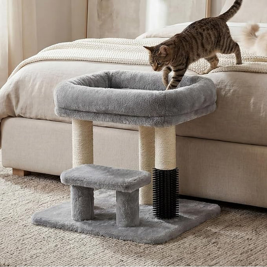 Heybly Cat Scratching Post, Small Cat Tree Tower with 3 Full Sisal Posts, Removable Plush Bed, Grooming Brush, Stable & Space-Saving Cat Furniture with Gentle Step for Indoor Cats, Light Gray HSP001SW