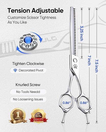 ULG Straight Chunker Dog Shears for Grooming, 7 Inch Professional Straight Chunker Dog Grooming Scissors for Thinning and Cutting, 65%-75% Rate 440C Stainless Steel Pet Hair Scissors