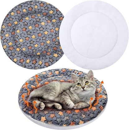 VitalCozy 2 Pack Self Heating Cat Pad Self Heating Cat Bed Machine Washable Heat Pet Mat Reversible Body Thermal Warm Round Dog Bed Crate Blanket for Feral and Indoor Cats(16'',Star)