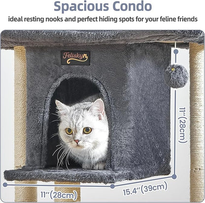 Cat Tree Tower Scratching Post for Indoor Large Cats, Small Cat Tree with Big Perch Bed, 28in Tall Trees House with Condo Cave, Toy Balls, Modern Climbing Furniture Platform for Kitten (Dark Gray)
