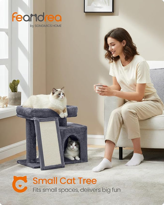 Feandrea Small Cat Tree, Cat Tower Condo, Scratching Ramp, Large Top Perch, Cave, 20.1 x 15.4 x 18.3 Inches, Dark Gray UPCT010GS02S