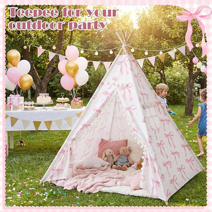 Pink Bow Teepee Tent Indoor Play Tent Coquette Playhouse Foldable Teepee for Indoor Reading Nook Room Decor
